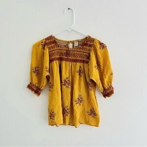 Anthropologie x Dolan Rebecca Smocked Yellow Mustard Floral Babydoll Top XS